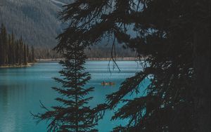 Preview wallpaper lake, trees, mountains, boat, nature