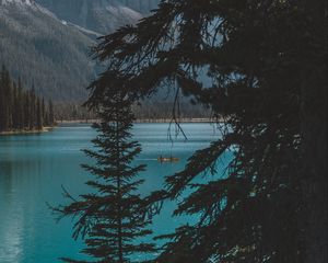 Preview wallpaper lake, trees, mountains, boat, nature