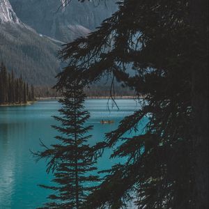 Preview wallpaper lake, trees, mountains, boat, nature