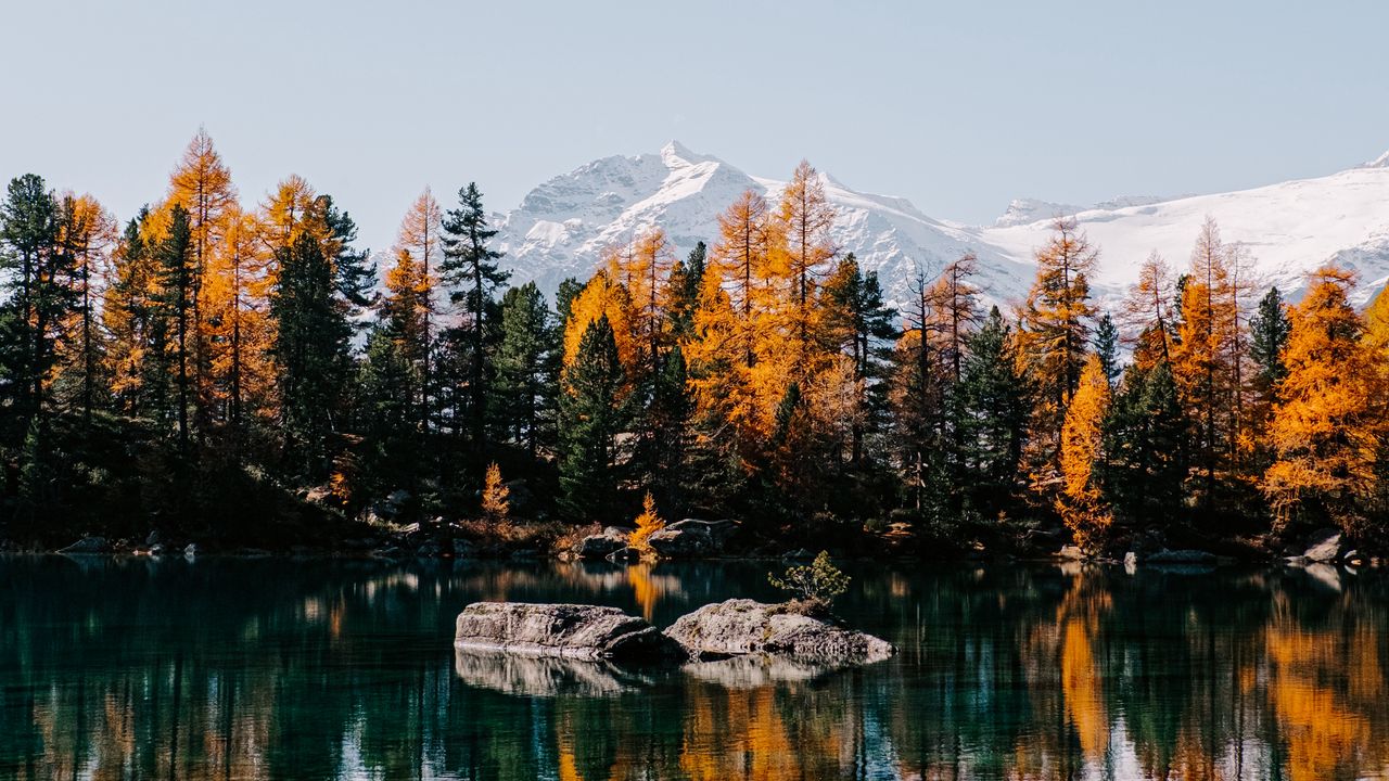 Wallpaper lake, trees, mountains, stones, landscape