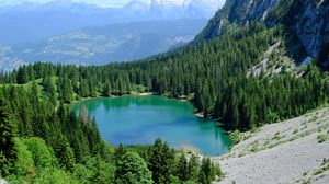 Preview wallpaper lake, trees, mountains, slope