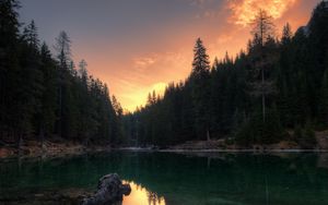 Preview wallpaper lake, trees, reflection, pragser wildsee, italy