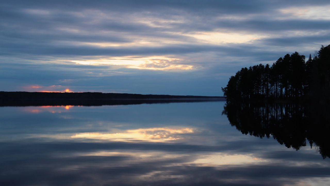 Wallpaper lake, trees, reflection, sky, evening, dark