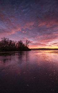 Preview wallpaper lake, trees, shore, evening, sky