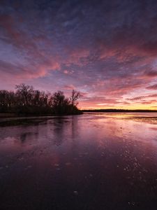 Preview wallpaper lake, trees, shore, evening, sky