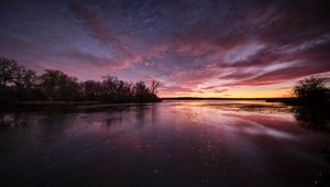 Preview wallpaper lake, trees, shore, evening, sky