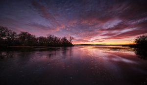 Preview wallpaper lake, trees, shore, evening, sky
