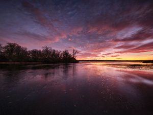 Preview wallpaper lake, trees, shore, evening, sky