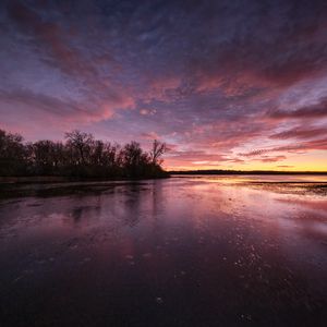 Preview wallpaper lake, trees, shore, evening, sky