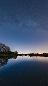 Preview wallpaper lake, trees, silhouettes, night, starry sky