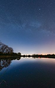 Preview wallpaper lake, trees, silhouettes, night, starry sky