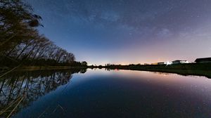 Preview wallpaper lake, trees, silhouettes, night, starry sky