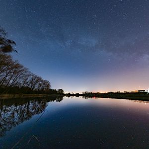Preview wallpaper lake, trees, silhouettes, night, starry sky