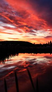 Preview wallpaper lake, trees, silhouettes, sunset, dark