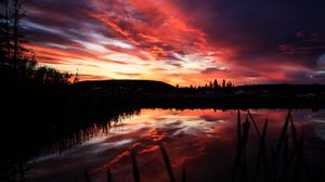 Preview wallpaper lake, trees, silhouettes, sunset, dark