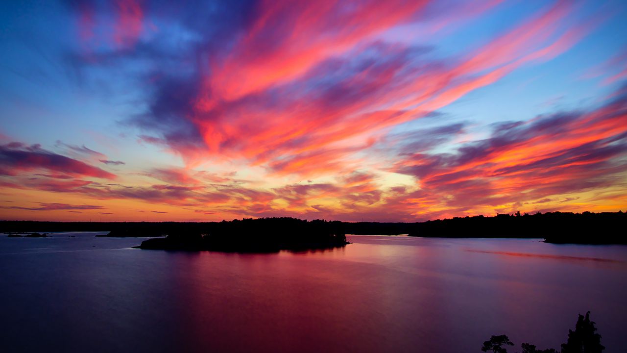 Wallpaper lake, trees, silhouettes, sunset, colorful, dark