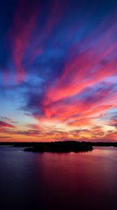 Preview wallpaper lake, trees, silhouettes, sunset, colorful, dark