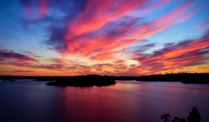 Preview wallpaper lake, trees, silhouettes, sunset, colorful, dark