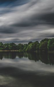 Preview wallpaper lake, trees, sky, clouds, overcast