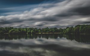 Preview wallpaper lake, trees, sky, clouds, overcast