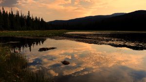 Preview wallpaper lake, trees, spruce, reflection, sky, clouds