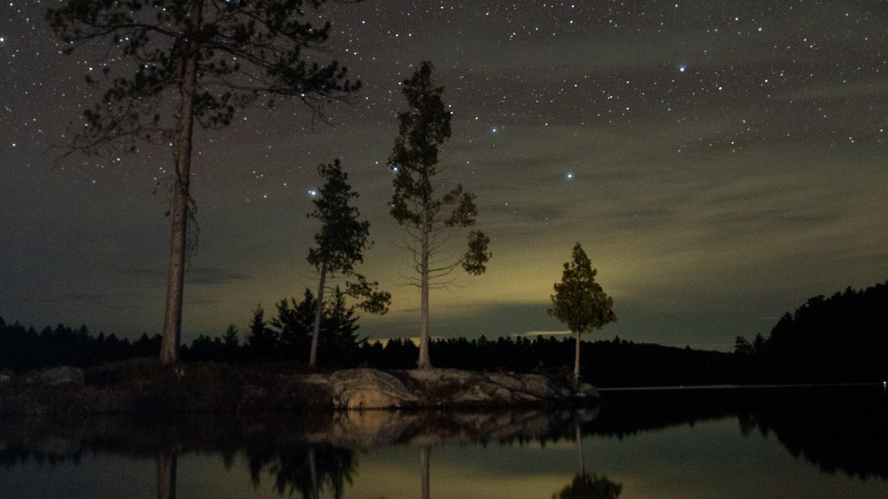 Wallpaper lake, trees, starry sky, night, dark