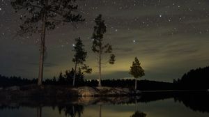 Preview wallpaper lake, trees, starry sky, night, dark
