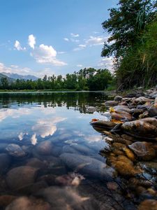 Preview wallpaper lake, trees, stones, bottom, transparent, landscape