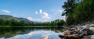 Preview wallpaper lake, trees, stones, bottom, transparent, landscape