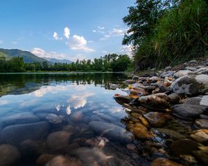Preview wallpaper lake, trees, stones, bottom, transparent, landscape