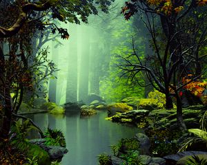 Preview wallpaper lake, trees, stones, fog, art