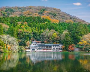 Preview wallpaper lake, trees, structure, reflection, hdr
