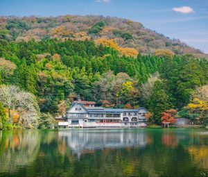 Preview wallpaper lake, trees, structure, reflection, hdr