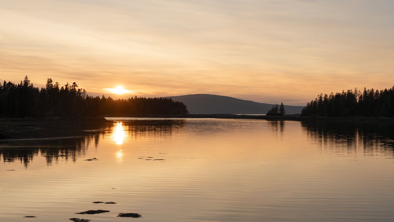 Wallpaper lake, trees, sunrise, sun, landscape