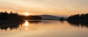 Preview wallpaper lake, trees, sunrise, sun, landscape