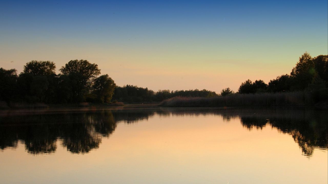 Wallpaper lake, trees, sunset, reflection, sky