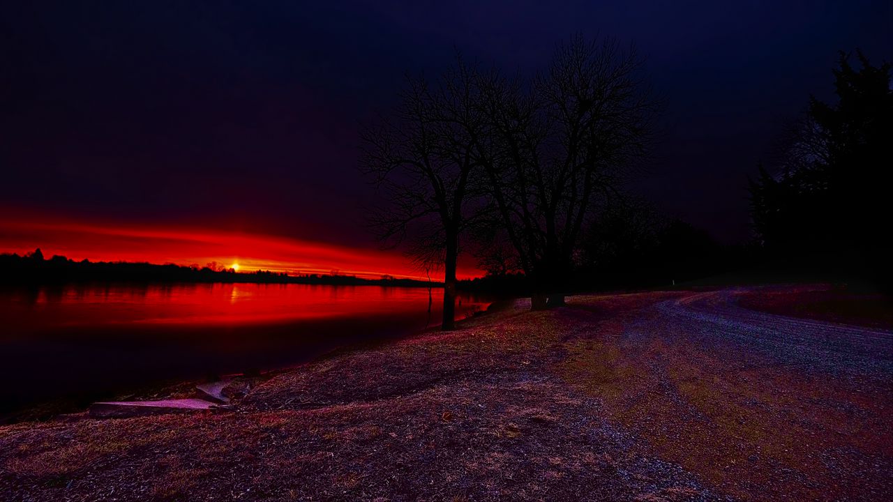 Wallpaper lake, trees, sunset, nature, dark