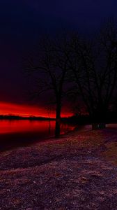 Preview wallpaper lake, trees, sunset, nature, dark