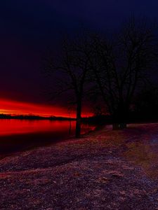 Preview wallpaper lake, trees, sunset, nature, dark