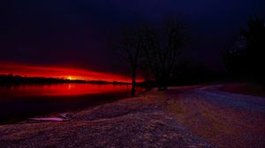 Preview wallpaper lake, trees, sunset, nature, dark