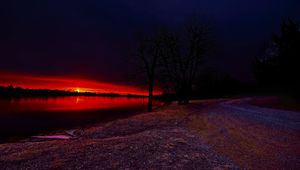 Preview wallpaper lake, trees, sunset, nature, dark