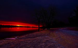 Preview wallpaper lake, trees, sunset, nature, dark