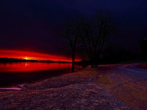 Preview wallpaper lake, trees, sunset, nature, dark