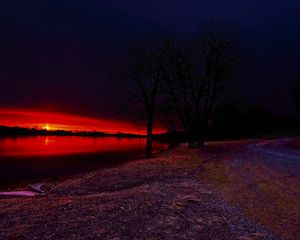 Preview wallpaper lake, trees, sunset, nature, dark