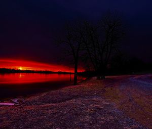 Preview wallpaper lake, trees, sunset, nature, dark