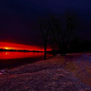 Preview wallpaper lake, trees, sunset, nature, dark