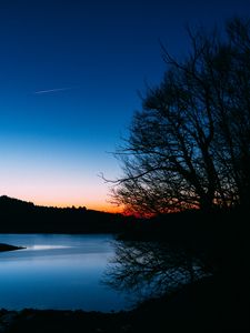 Preview wallpaper lake, trees, sunset, night, sky, landscape, dark