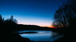 Preview wallpaper lake, trees, sunset, night, sky, landscape, dark