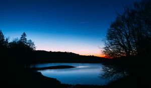 Preview wallpaper lake, trees, sunset, night, sky, landscape, dark