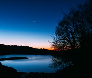 Preview wallpaper lake, trees, sunset, night, sky, landscape, dark